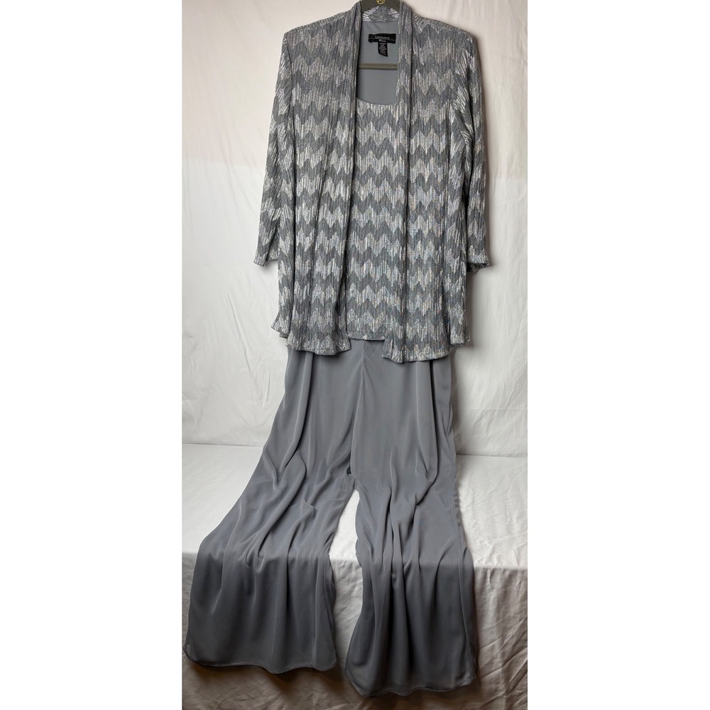 R&M Richards 2 Pc Metallic Pantsuit Set Silver Gray Plus 14W Formal Evening‎ MOB - Picture 3 of 16